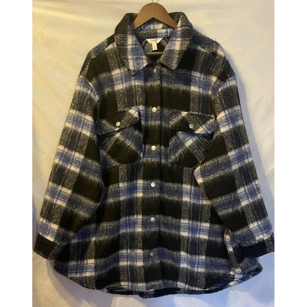 Terra and Sky Women's Blue Black Wht Brushed Plaid Button Down Shacket 4X